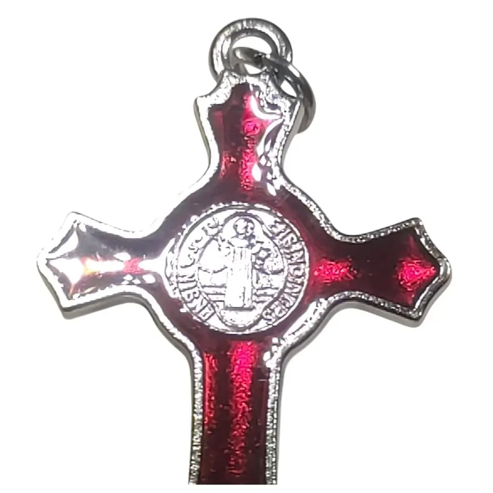 Silver Tone Red Enamel Cross Crucifixion Pendant